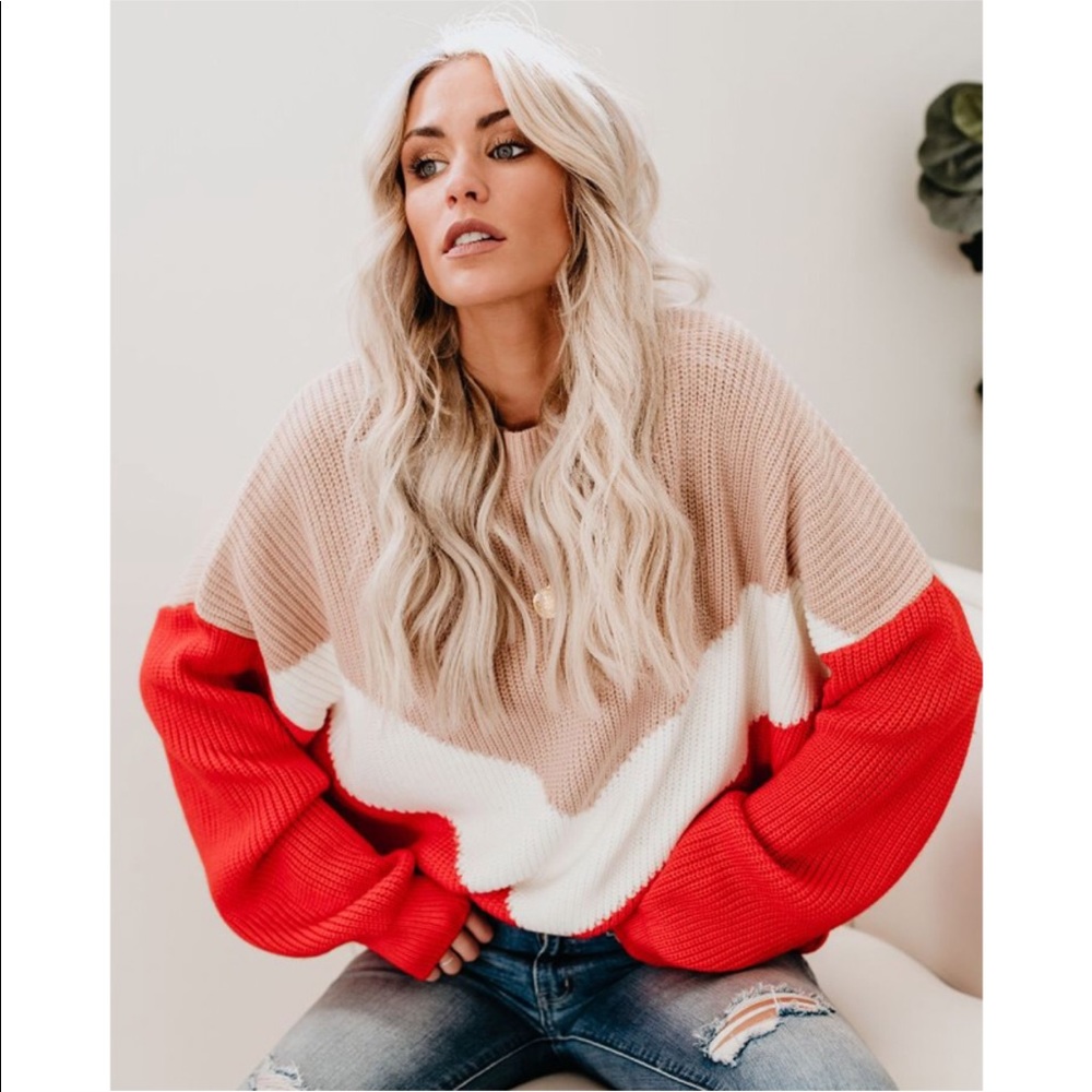 Emerson Beige & Red Oversized Color Block Sweater - Picture 4 of 7